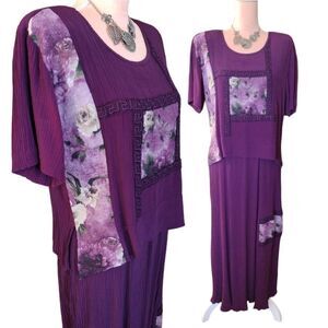 Vintage Purple Floral Patchwork Short Sleeve Crepe Maxi Dress Size 12